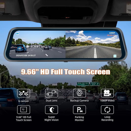4K 9.66" Touch Screen Rearview Mirror Dash Cam