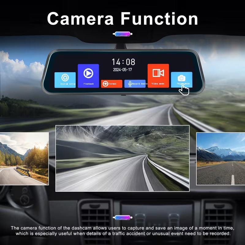 Cámara de salpicadero con espejo retrovisor con pantalla táctil 4K de 9.66"