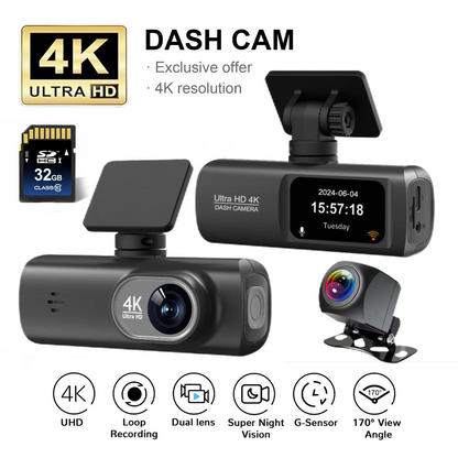 Cámara de salpicadero con espejo retrovisor de doble lente 4K y WiFi